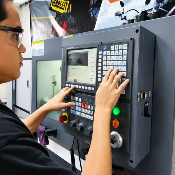 Operación de torno CNC en planta metalmecánica