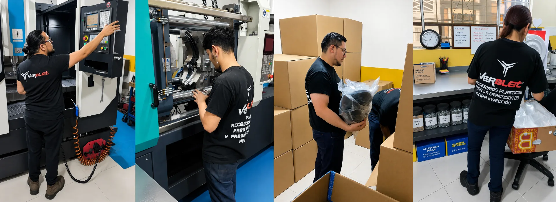 Equipo VERBLEIT operando máquinas CNC e inyección y despachando pedidos en la planta de Bogotá