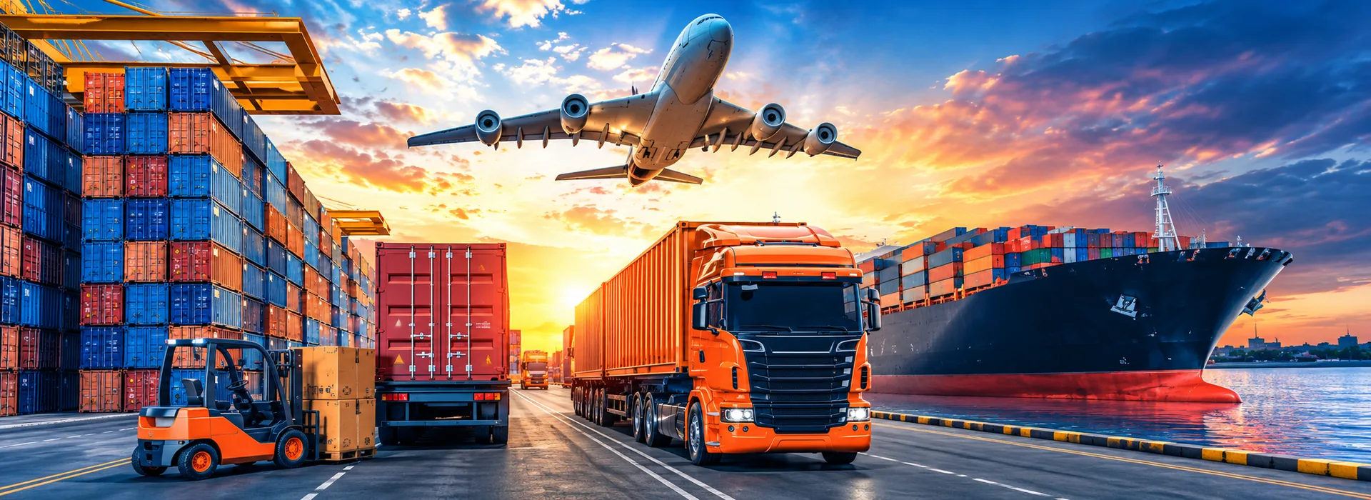 Terminal de carga aérea al atardecer con contenedores y camiones de despacho